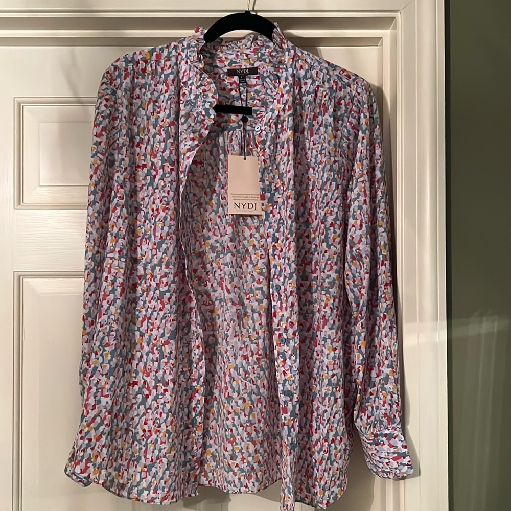 NYDJ ruffle neck blouse.